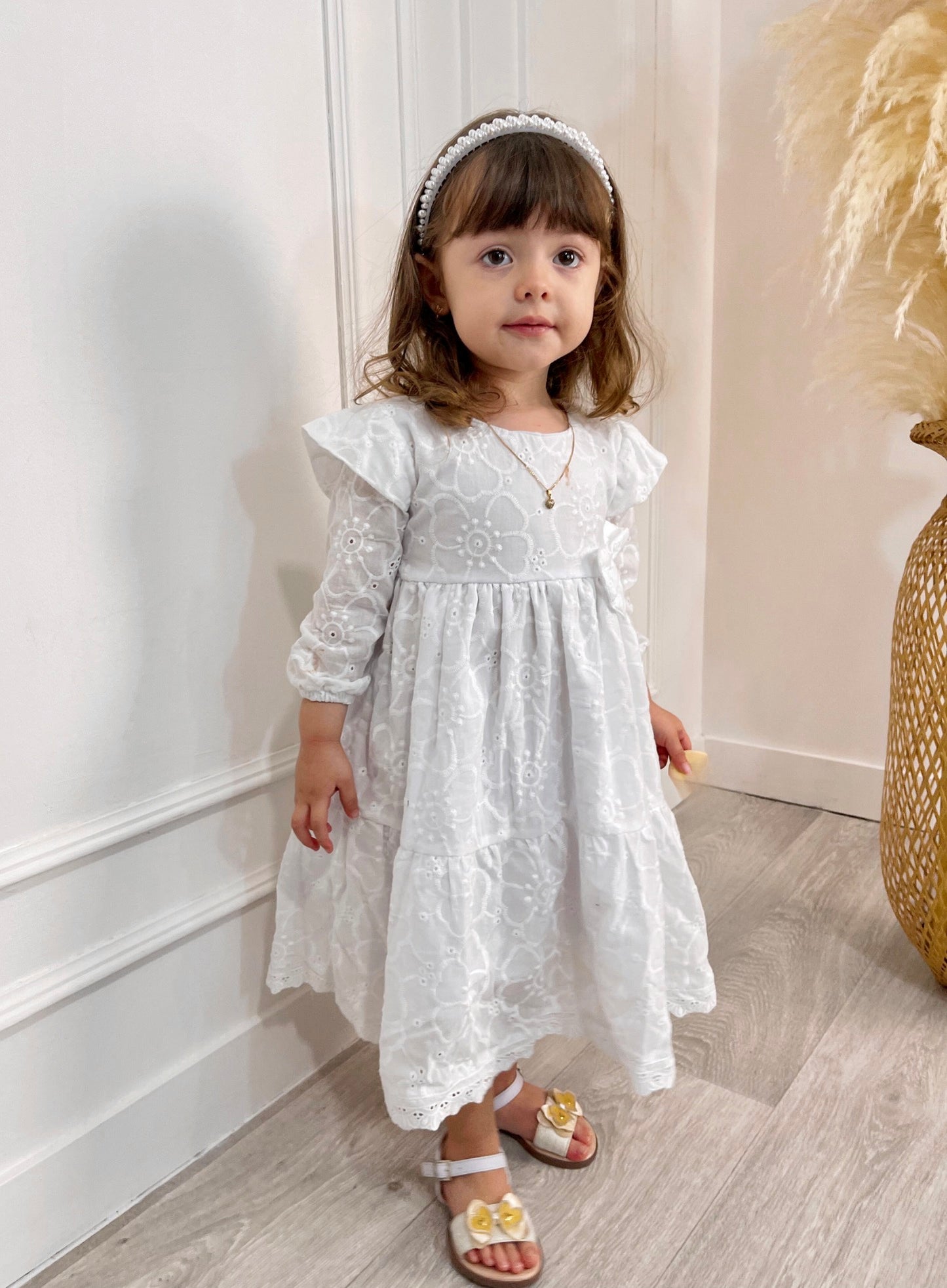 Vestido blanco ojalillo para bebé manga larga - Emma